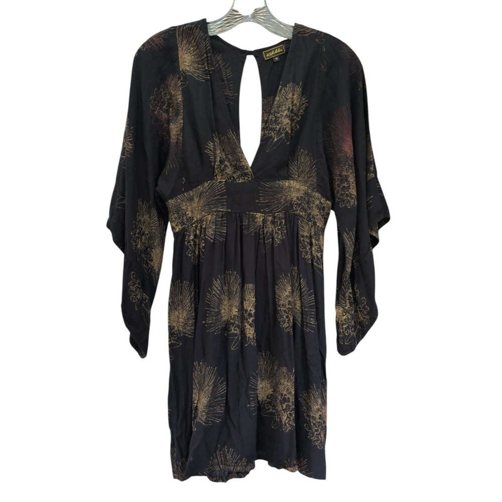 Kahulale'a Black Gold Floral Kimono Printed Sleeve Dress Women's XS Hawaii